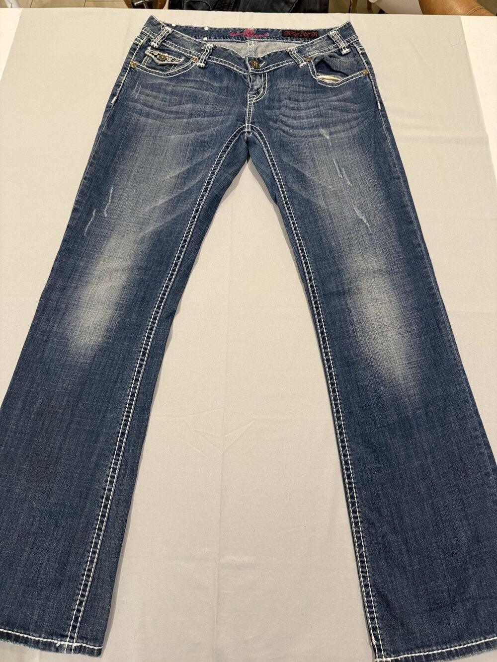 Rock and Roll cowgirl Low Rise Bootcut Jeans Women’s 32x36 Blue Studded Y2K